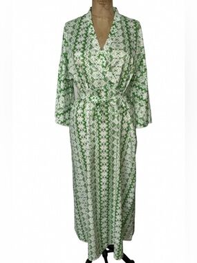 Green and White Patterned Long Wrap Dress